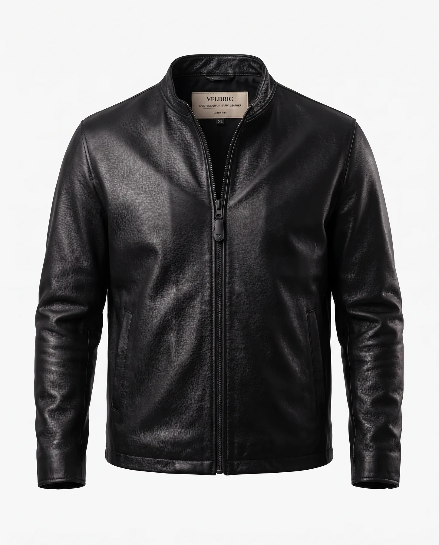 Close view of VELDRIC top-grain Nappa leather and jacket construction