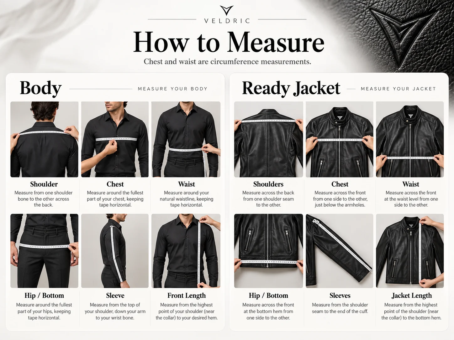 How to measure body and ready jacket: shoulders, chest, waist, hip, sleeve and length