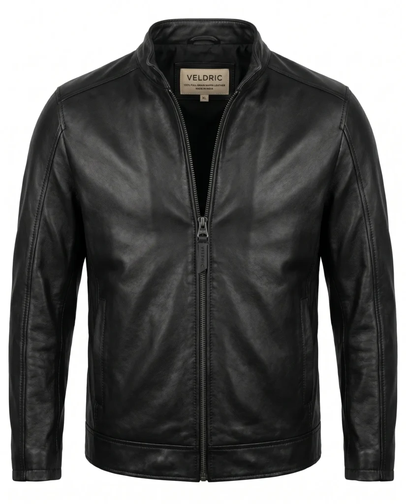VELDRIC Black Full Grain Nappa Leather Jacket for Men – Minimalist Zip-Up Premium Biker Jacket