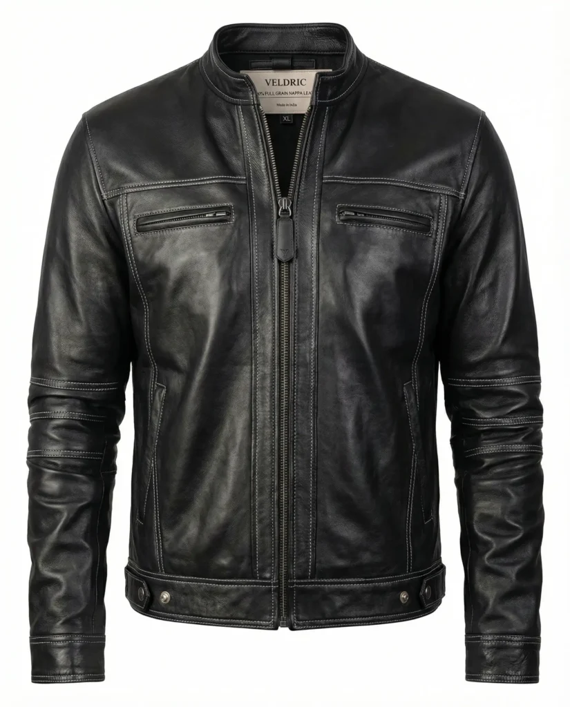 VELDRIC Black Cafe Racer Leather Jacket for Men – Premium Minimal Moto Jacket