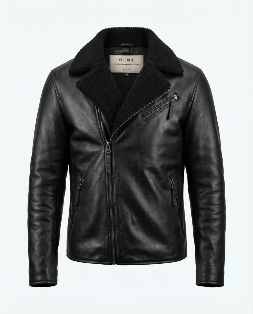 VELDRIC Black Shearling Leather Jacket for Men – Premium Winter Moto Jacket