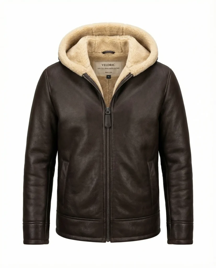 VELDRIC Brown Shearling Hooded Leather Jacket for Men – Premium Winter Fur Lined Jacket