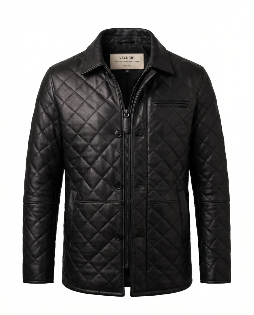 VELDRIC Men’s Black Quilted Nappa Leather Jacket – Luxury Diamond Stitch Winter Jacket