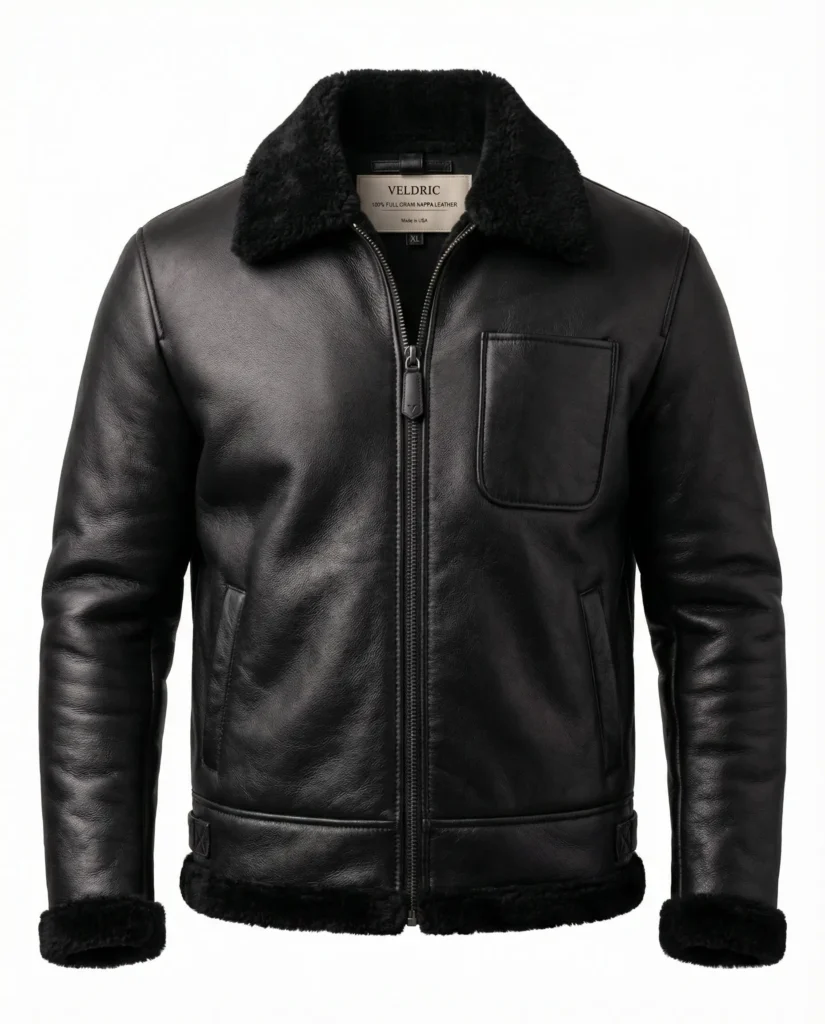 VELDRIC Men’s Black Shearling Collar Nappa Leather Jacket – Premium Winter Leather Jacket