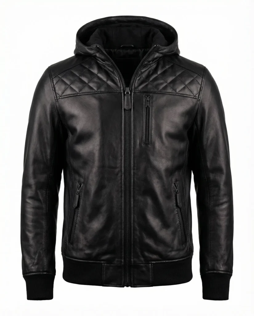 VELDRIC Men’s Hooded Black Leather Jacket – Premium Quilted Nappa Leather Jacket