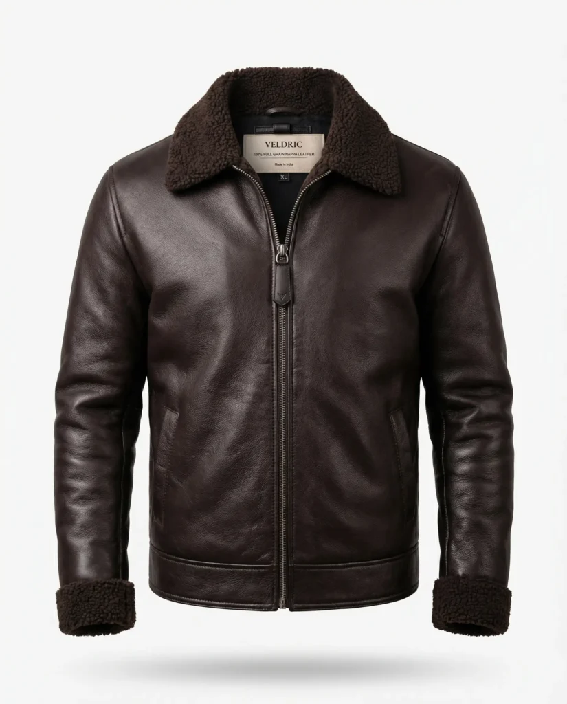 VELDRIC Men’s Dark Brown Shearling Leather Jacket – Premium Winter Nappa Leather