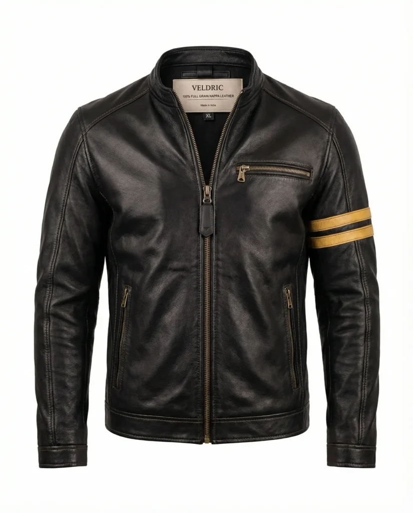 VELDRIC Men’s Black Racer Leather Jacket with Vintage Stripe Detail – Premium Full Grain Nappa Leather