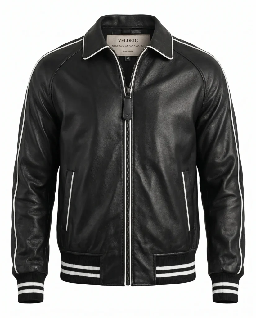 VELDRIC Black Leather Varsity Jacket for Men – Premium Retro Racing Style Jacket
