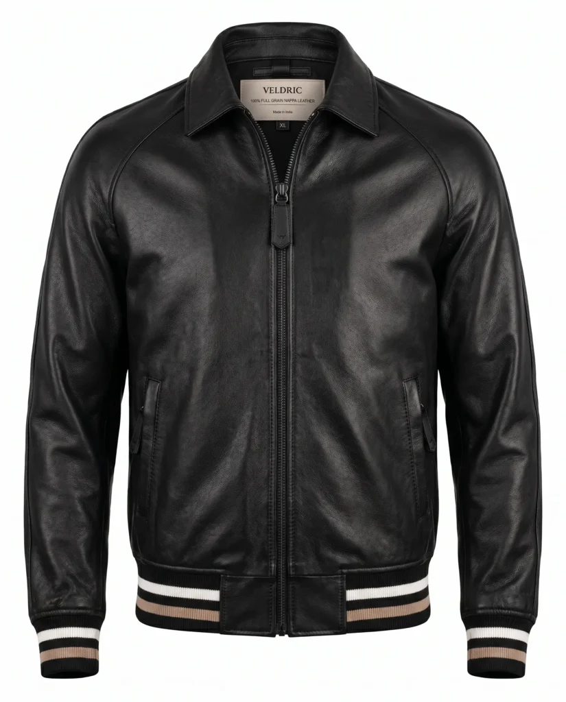 VELDRIC Black Leather Bomber Jacket for Men – Premium Retro Varsity Style Jacket