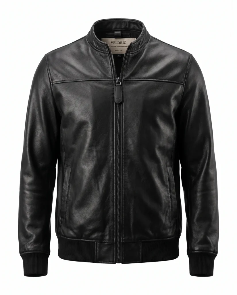 VELDRIC Black Leather Bomber Jacket for Men – Premium Minimalist Zip-Up Jacket