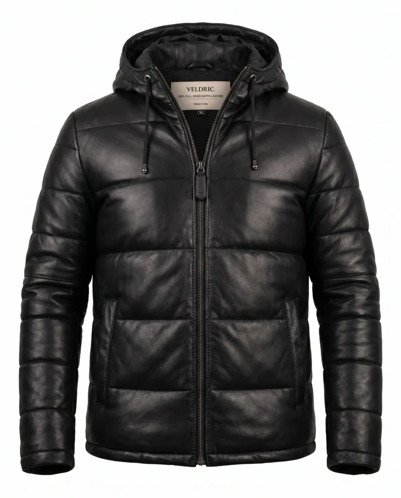 VELDRIC Black Hooded Leather Puffer Jacket for Men – Premium Winter Longline Jacket