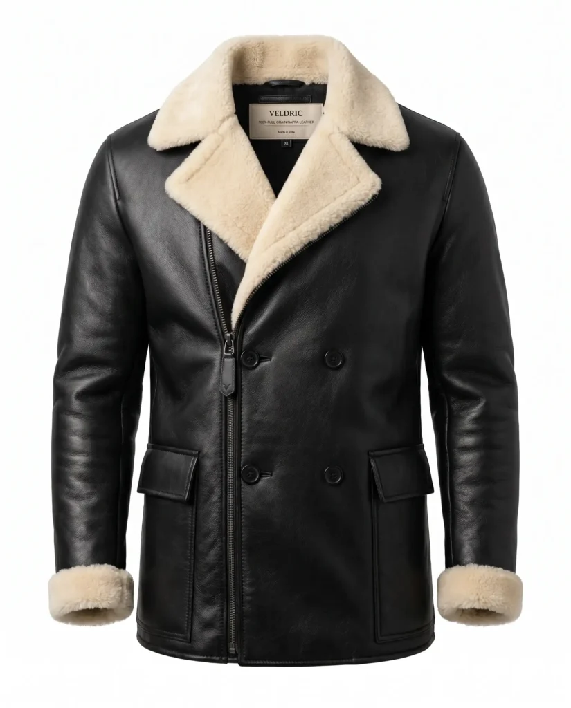 VELDRIC Men’s Black Shearling Nappa Leather Jacket – Luxury Winter Fur Collar Coat