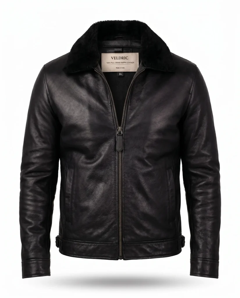 VELDRIC Men’s Black Shearling Collar Leather Jacket – Premium Full Grain Nappa Leather