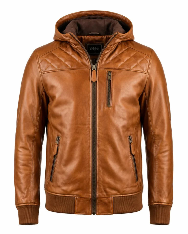 VELDRIC Aldebaran cognac tan hooded Nappa leather jacket front view