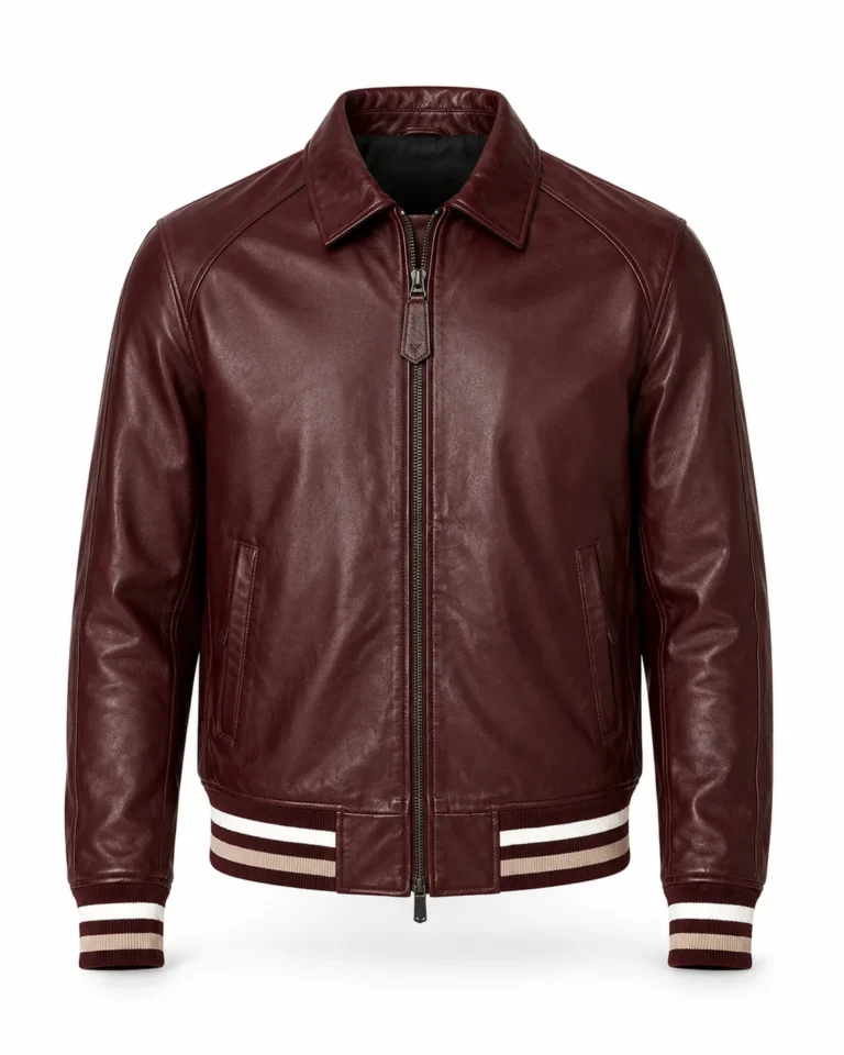 VELDRIC Altair maroon Nappa leather varsity jacket front view