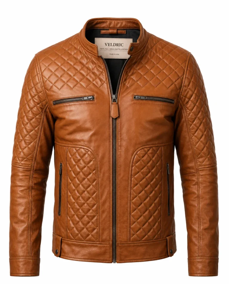 VELDRIC Andromeda Quilted cognac tan Nappa leather jacket front view