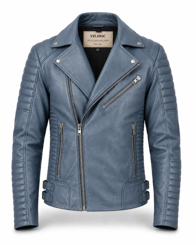 VELDRIC Arcturus dusty blue biker Nappa leather jacket front view