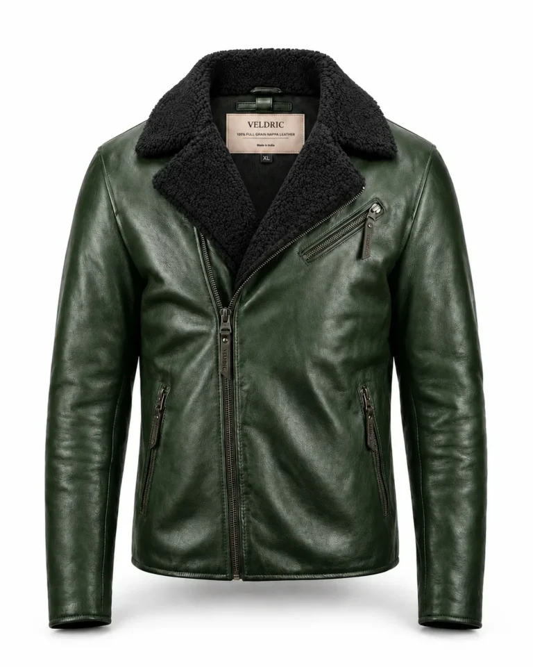 VELDRIC Atlas green shearling leather jacket front view