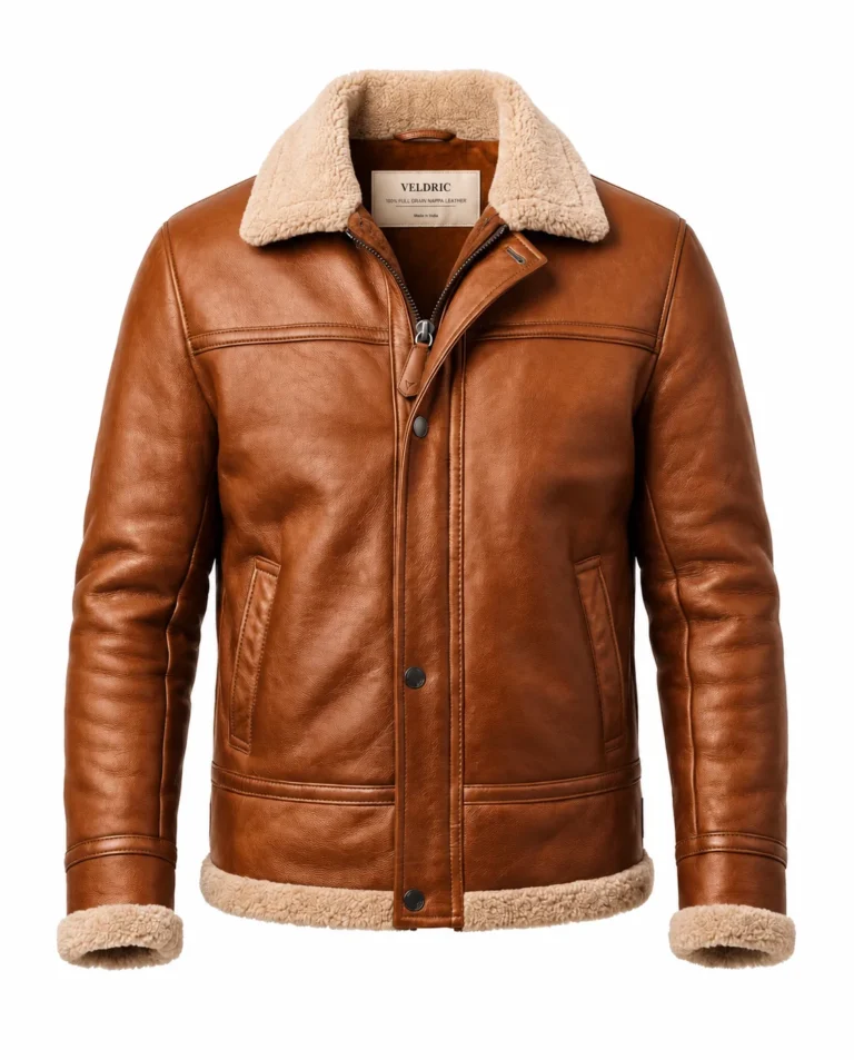VELDRIC Aurora cognac tan shearling leather jacket front view