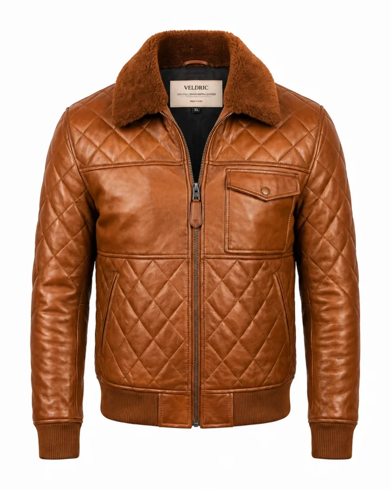VELDRIC Cassini cognac tan bomber Nappa leather jacket front view