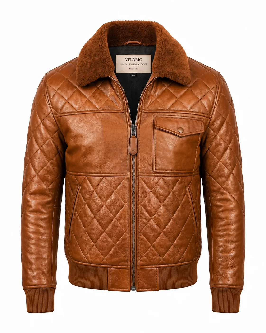 VELDRIC Cassini cognac tan bomber Nappa leather jacket front view VELDRIC Cassini cognac tan bomber Nappa leather jacket front view