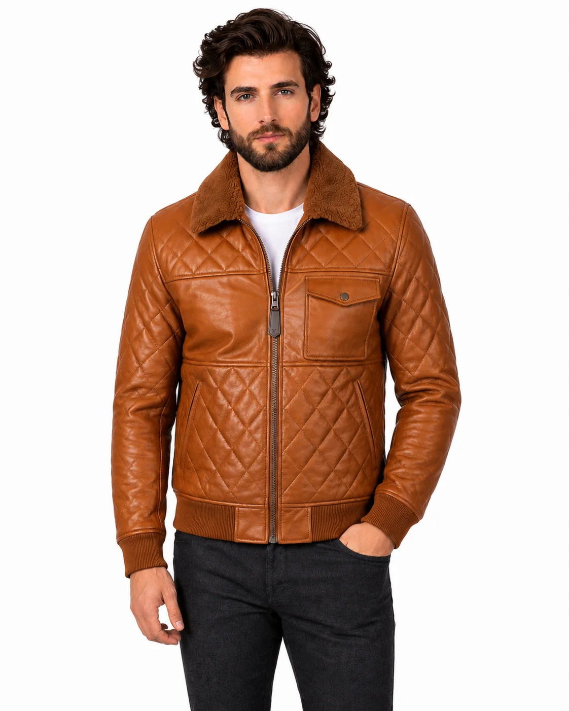 VELDRIC Cassini cognac tan bomber Nappa leather jacket back view VELDRIC Cassini cognac tan bomber Nappa leather jacket back view
