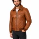 VELDRIC Cassini cognac tan bomber Nappa leather jacket angled front view VELDRIC Cassini cognac tan bomber Nappa leather jacket angled front view