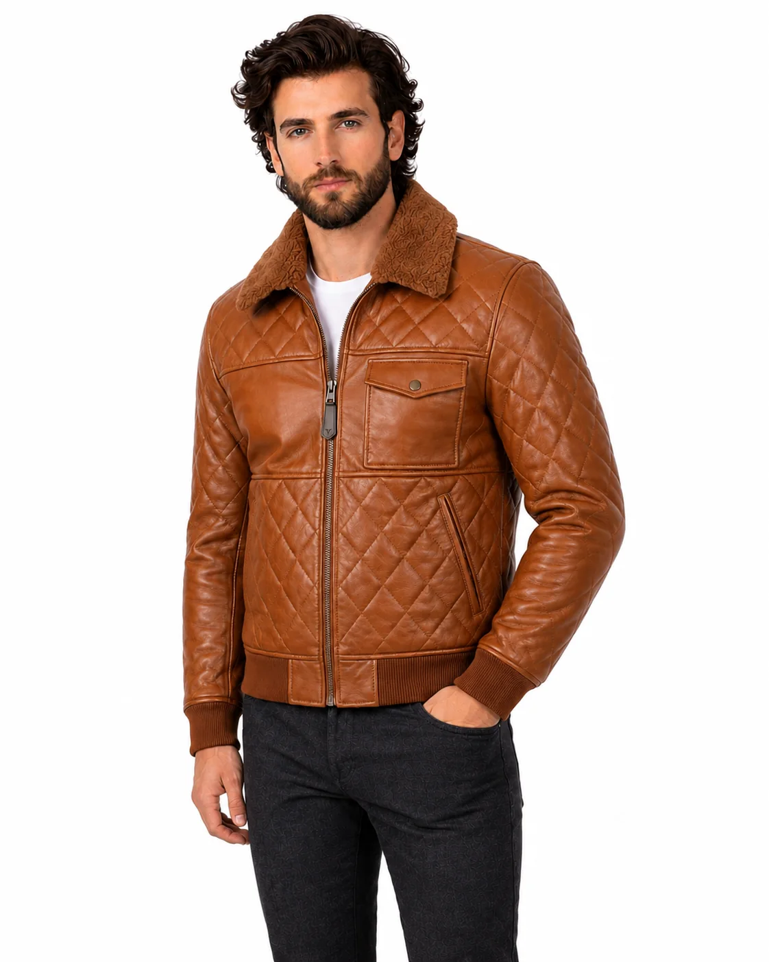 VELDRIC Cassini cognac tan bomber Nappa leather jacket angled front view VELDRIC Cassini cognac tan bomber Nappa leather jacket angled front view