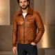 VELDRIC Cassini cognac tan bomber Nappa leather jacket angled back view VELDRIC Cassini cognac tan bomber Nappa leather jacket angled back view