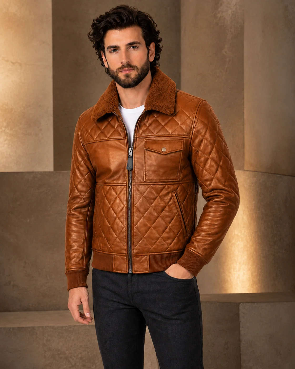 VELDRIC Cassini cognac tan bomber Nappa leather jacket angled back view VELDRIC Cassini cognac tan bomber Nappa leather jacket angled back view