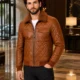 VELDRIC Cassini cognac tan bomber Nappa leather jacket collar and shoulder detail VELDRIC Cassini cognac tan bomber Nappa leather jacket collar and shoulder detail