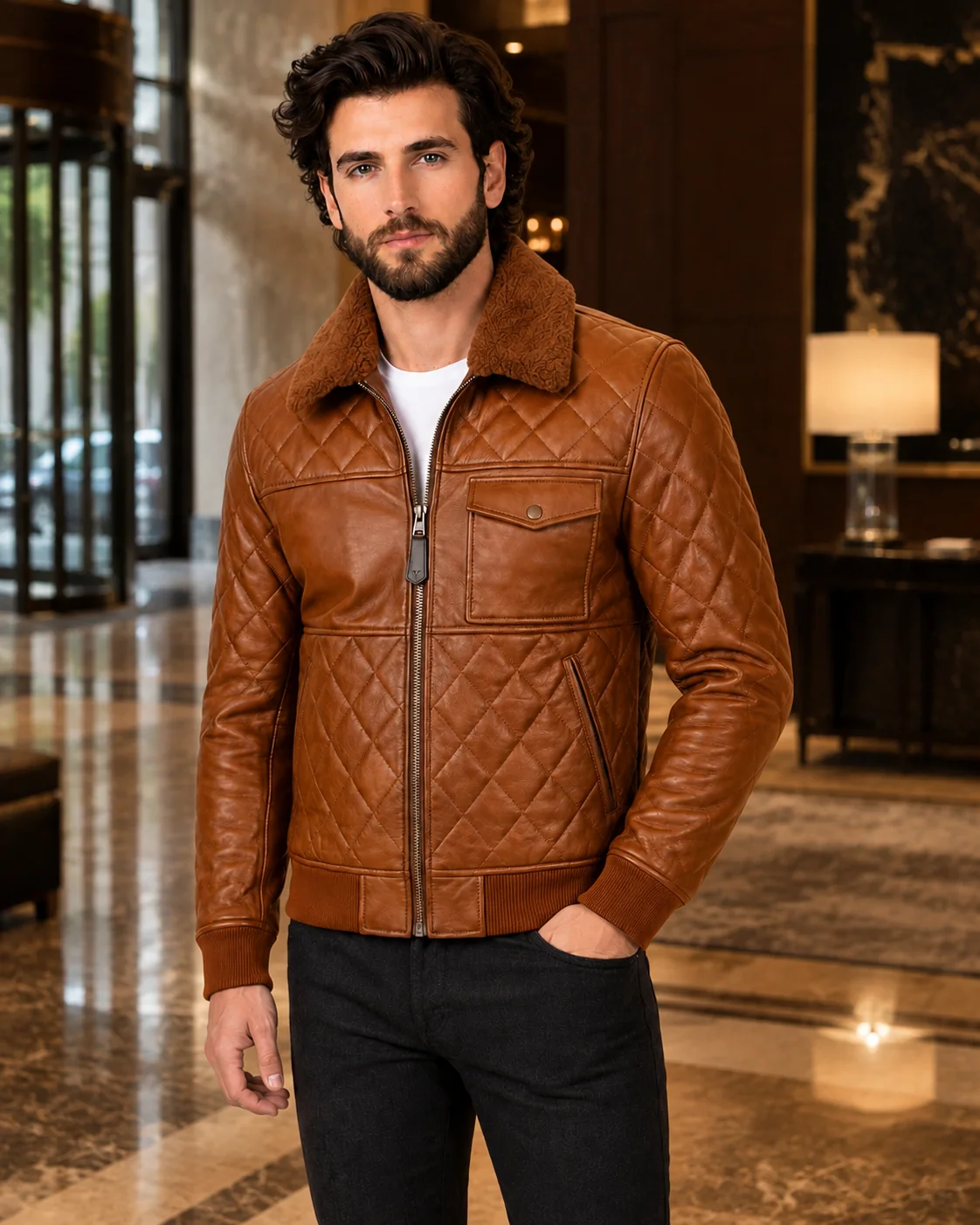 VELDRIC Cassini cognac tan bomber Nappa leather jacket collar and shoulder detail VELDRIC Cassini cognac tan bomber Nappa leather jacket collar and shoulder detail