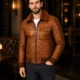 VELDRIC Cassini cognac tan bomber Nappa leather jacket zipper and front panel detail VELDRIC Cassini cognac tan bomber Nappa leather jacket zipper and front panel detail
