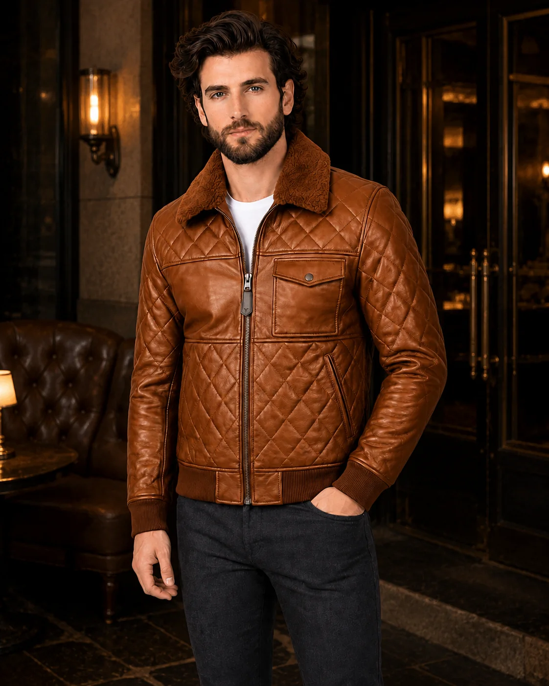 VELDRIC Cassini cognac tan bomber Nappa leather jacket zipper and front panel detail VELDRIC Cassini cognac tan bomber Nappa leather jacket zipper and front panel detail