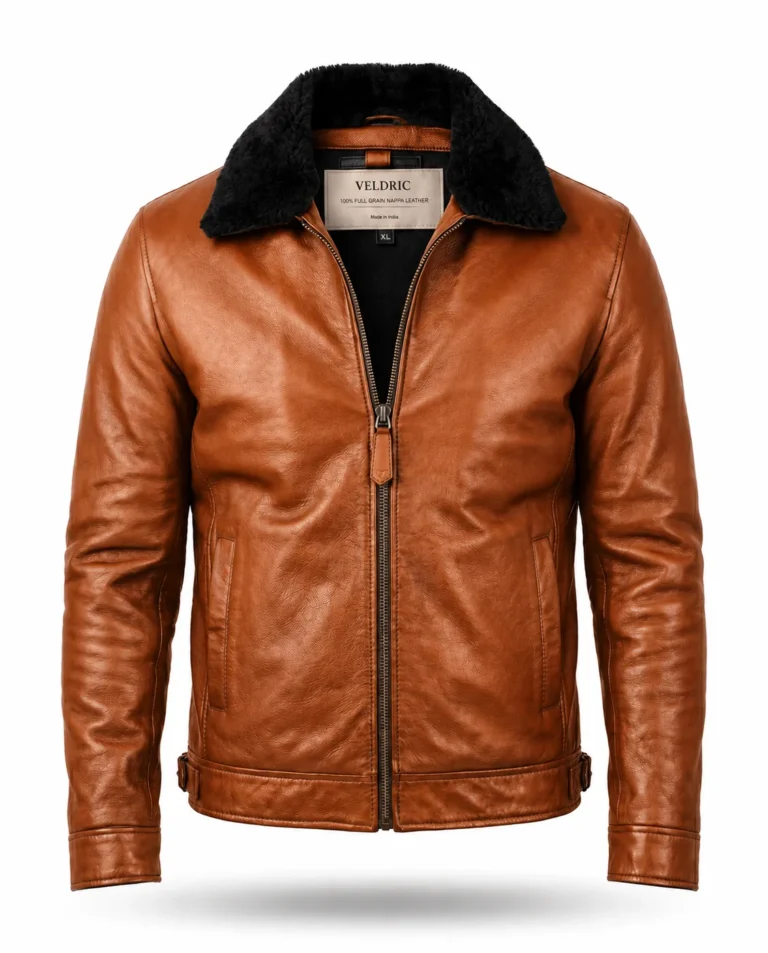 VELDRIC Comet cognac tan Nappa leather jacket front view