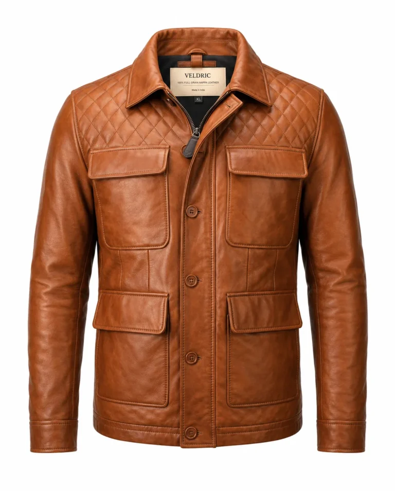 VELDRIC Cosmo cognac tan Nappa leather field jacket front view