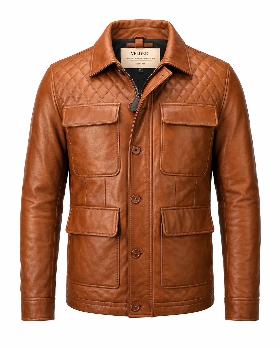 VELDRIC Cosmo cognac tan Nappa leather field jacket front view VELDRIC Cosmo cognac tan Nappa leather field jacket front view