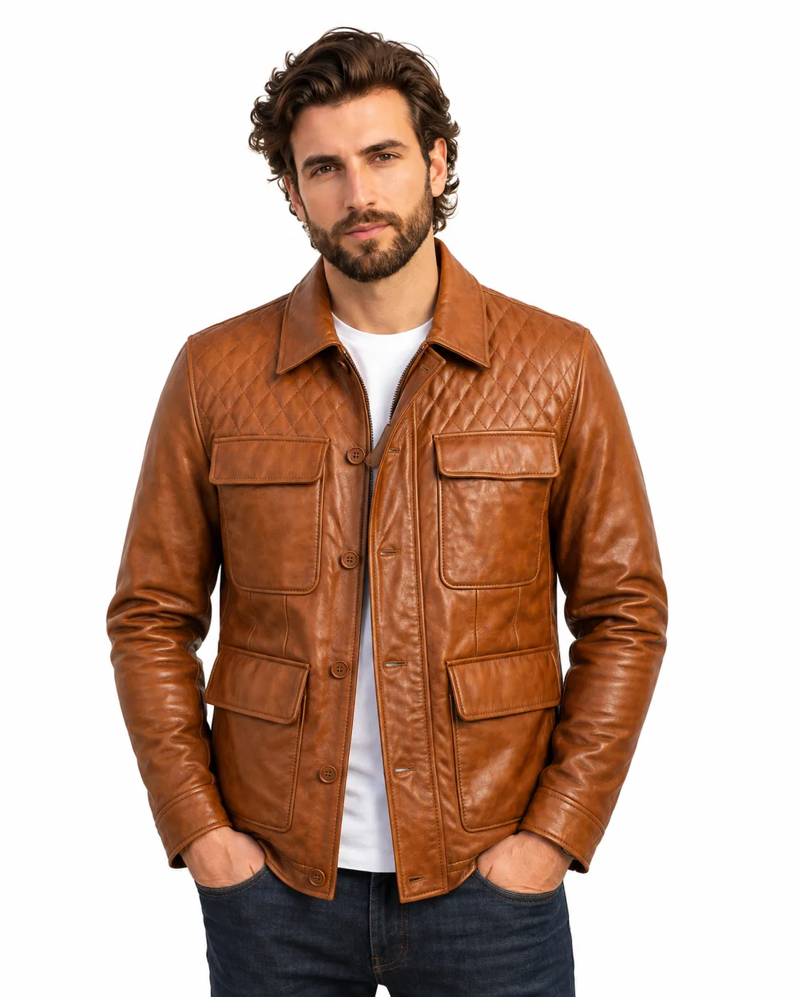 VELDRIC Cosmo cognac tan Nappa leather field jacket back view VELDRIC Cosmo cognac tan Nappa leather field jacket back view