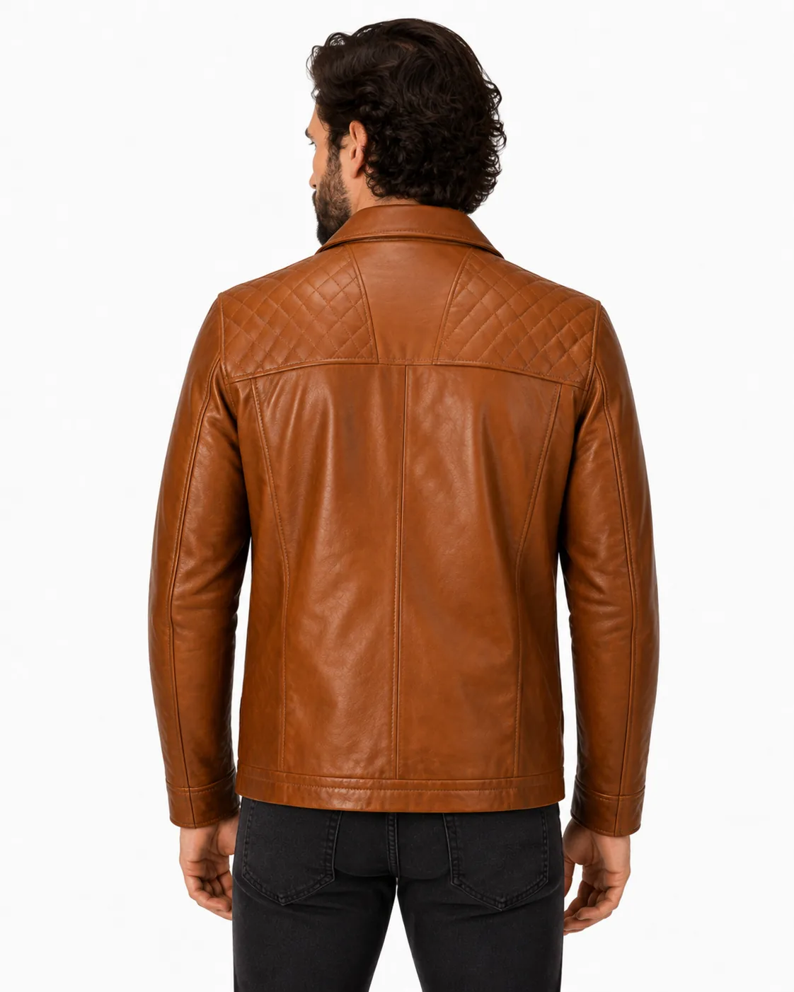 Cosmo men's cognac tan Nappa leather field jacket side profile Cosmo men's cognac tan Nappa leather field jacket side profile