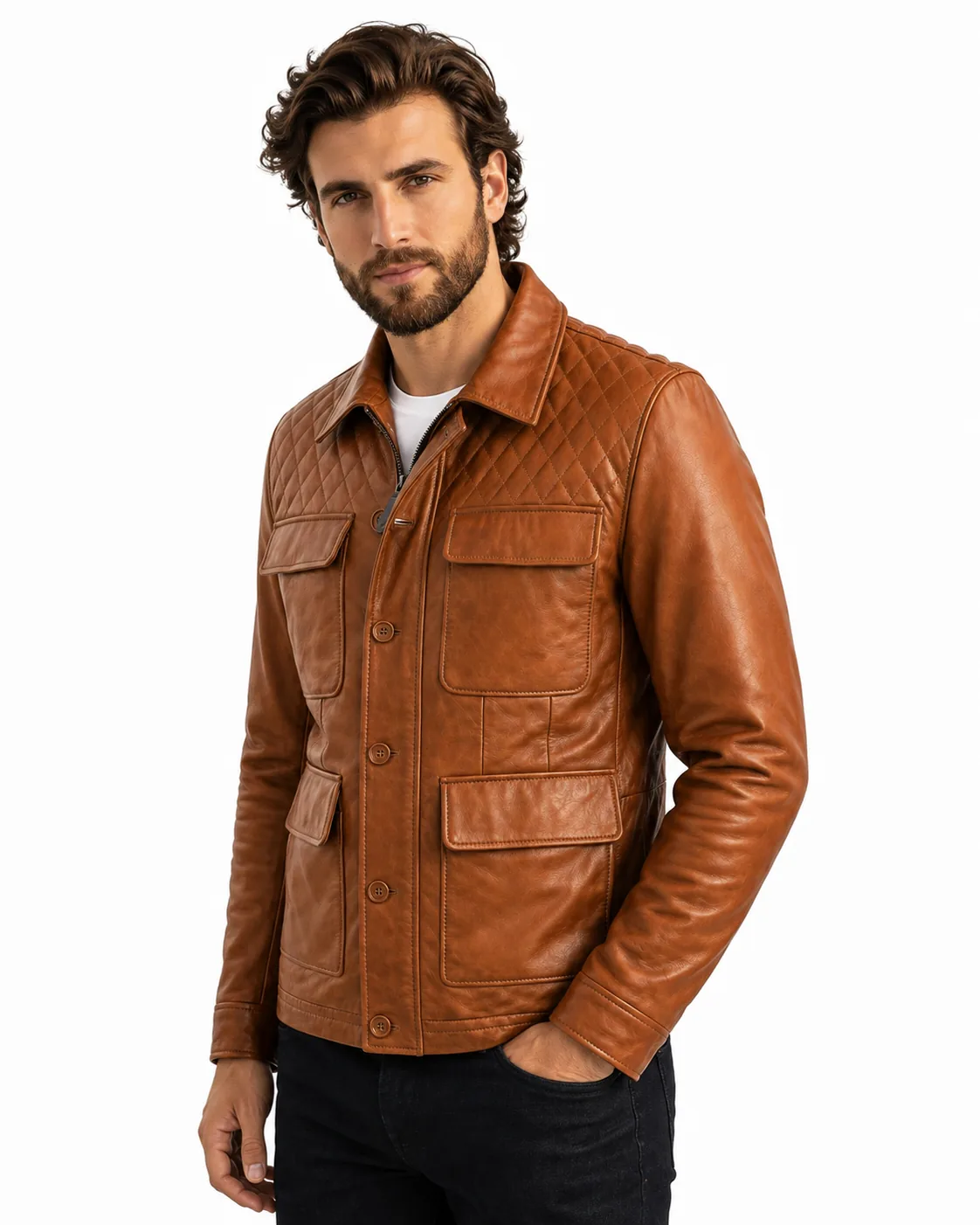 VELDRIC Cosmo cognac tan Nappa leather field jacket angled front view VELDRIC Cosmo cognac tan Nappa leather field jacket angled front view