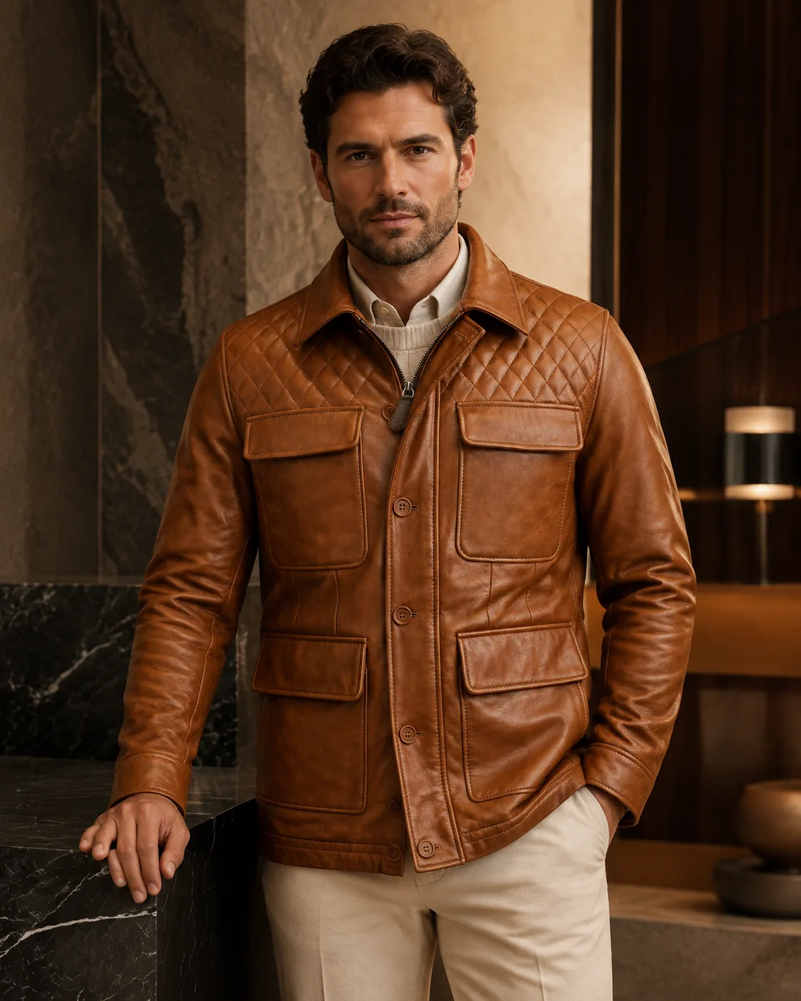 VELDRIC Cosmo cognac tan Nappa leather field jacket angled back view VELDRIC Cosmo cognac tan Nappa leather field jacket angled back view