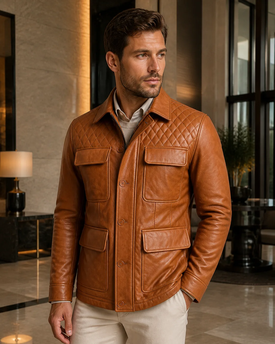 VELDRIC Cosmo cognac tan Nappa leather field jacket collar and shoulder detail VELDRIC Cosmo cognac tan Nappa leather field jacket collar and shoulder detail
