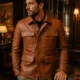 VELDRIC Cosmo cognac tan Nappa leather field jacket zipper and front panel detail VELDRIC Cosmo cognac tan Nappa leather field jacket zipper and front panel detail