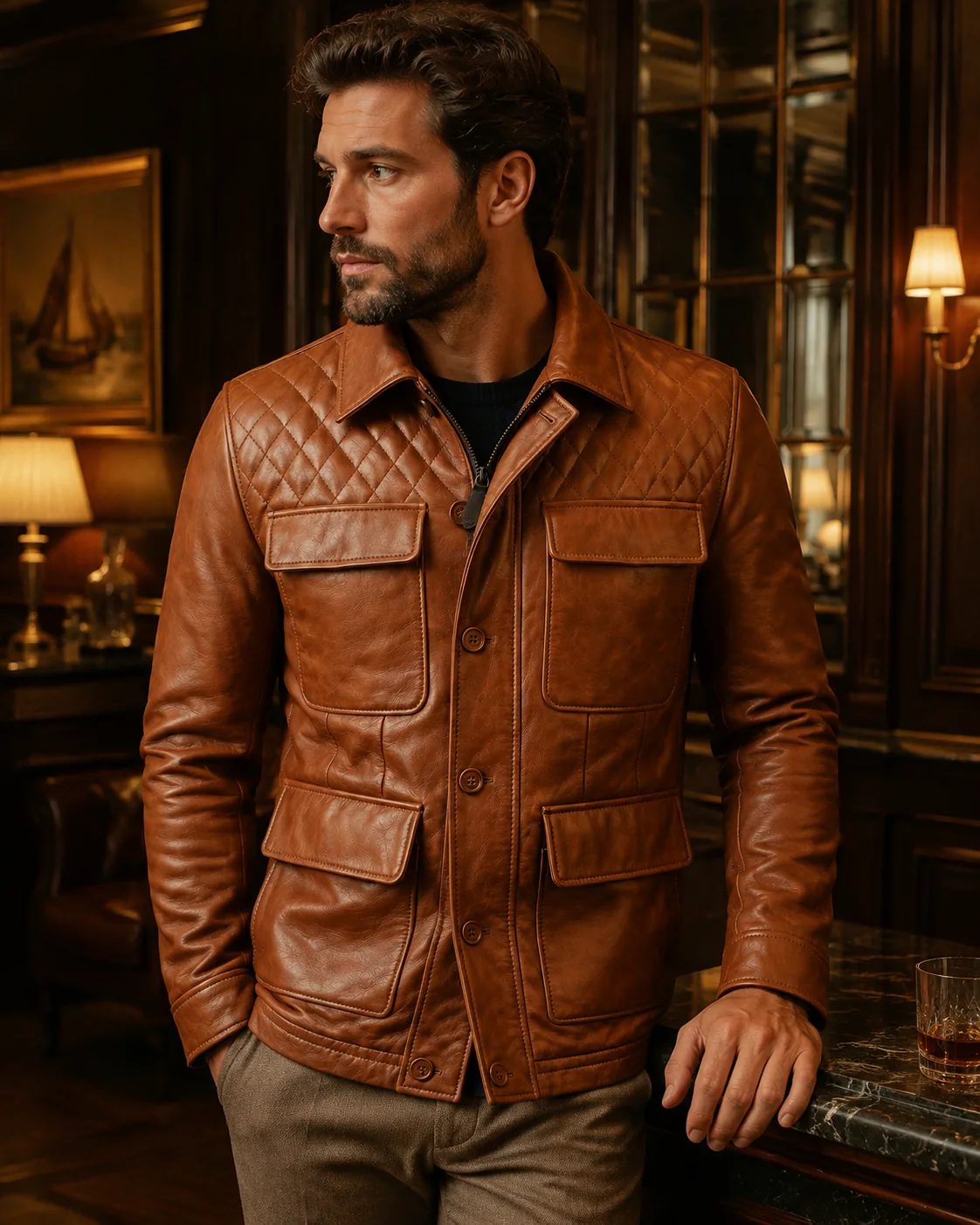 VELDRIC Cosmo cognac tan Nappa leather field jacket zipper and front panel detail VELDRIC Cosmo cognac tan Nappa leather field jacket zipper and front panel detail