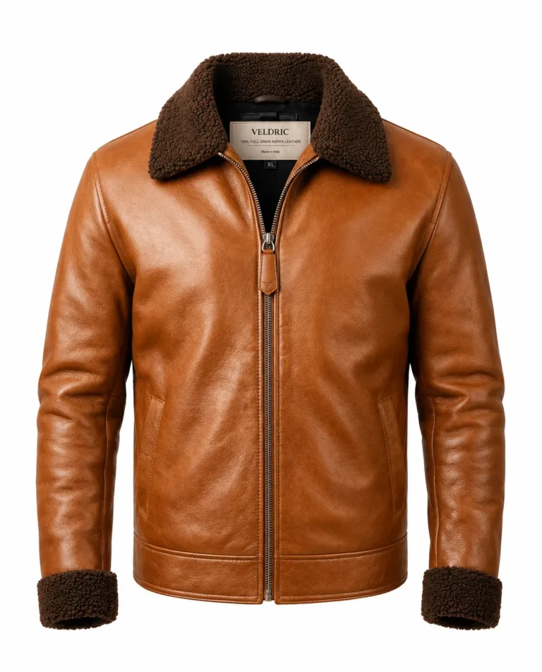 VELDRIC Draco cognac tan shearling leather jacket front view