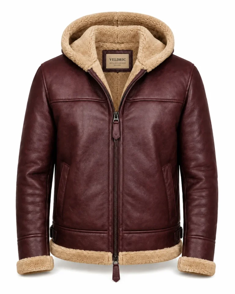 VELDRIC Eclipse maroon hooded Nappa leather jacket front view