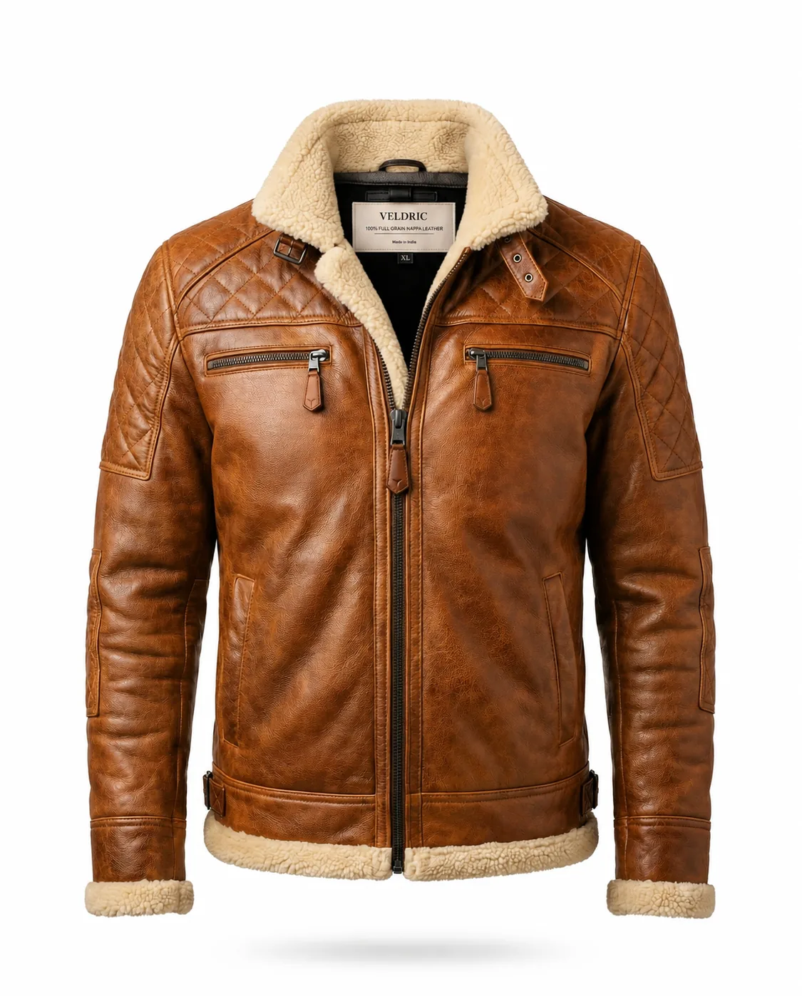 VELDRIC Hercules cognac tan shearling leather jacket front view VELDRIC Hercules cognac tan shearling leather jacket front view
