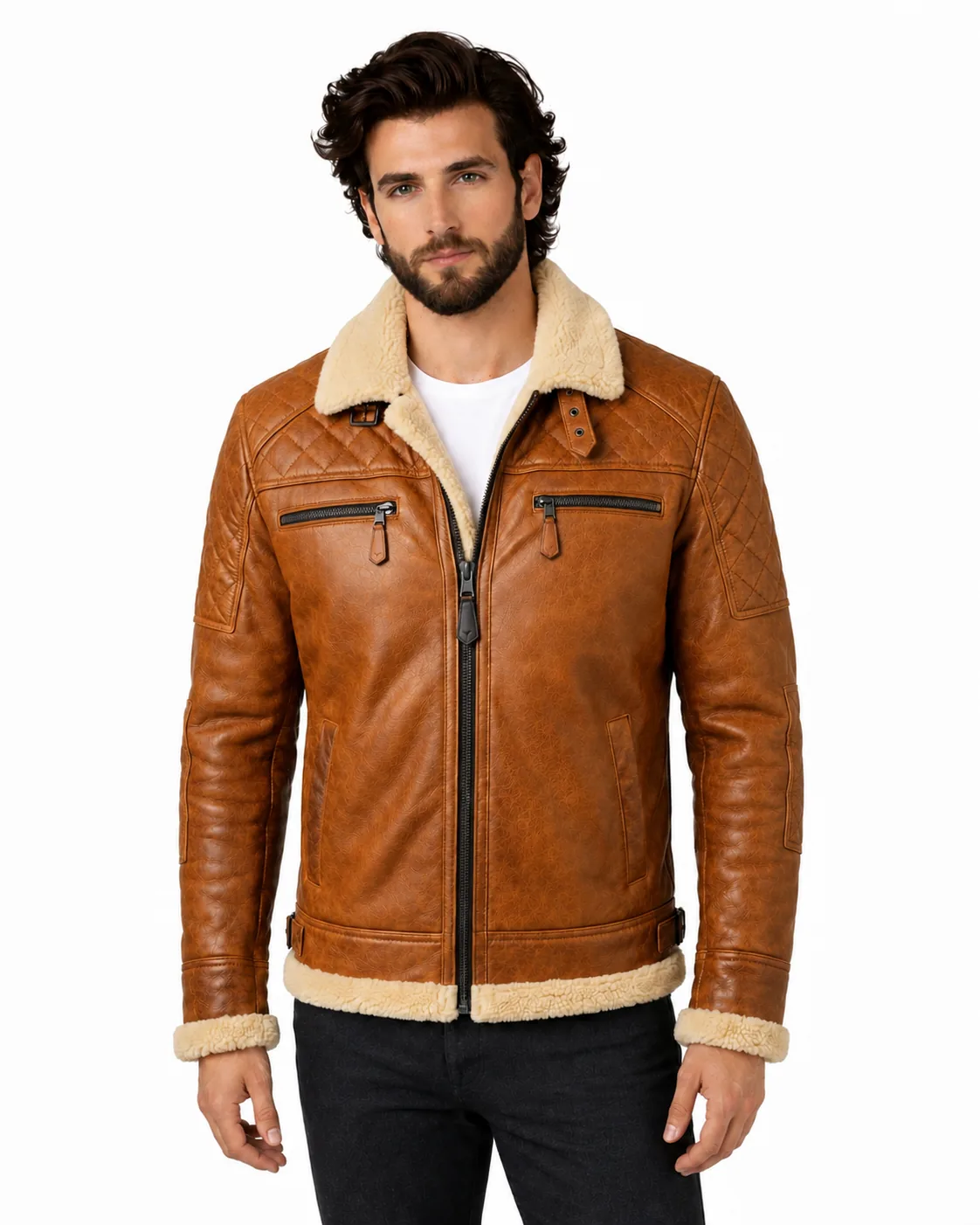 VELDRIC Hercules cognac tan shearling leather jacket back view VELDRIC Hercules cognac tan shearling leather jacket back view