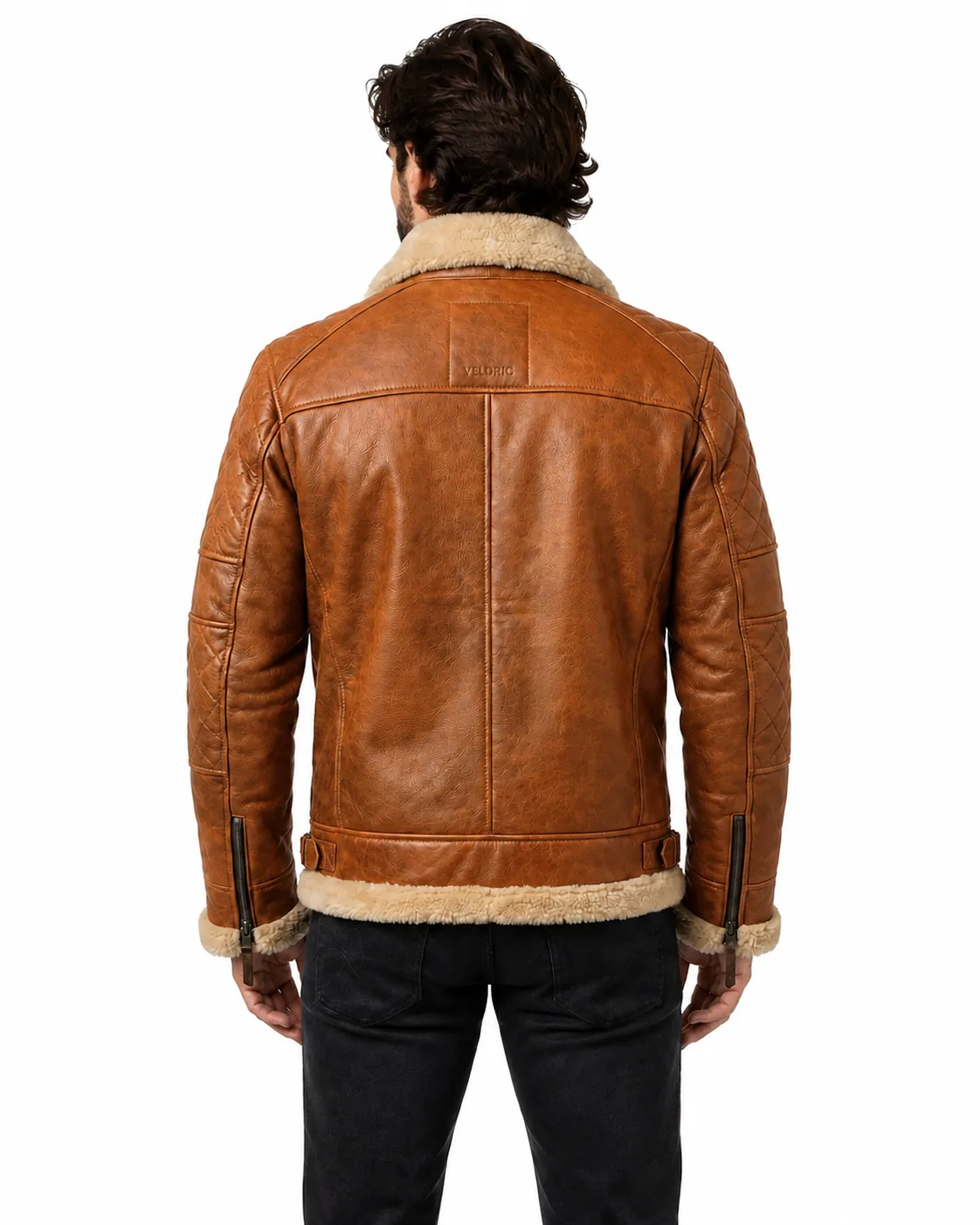 Hercules men's cognac tan shearling leather jacket side profile Hercules men's cognac tan shearling leather jacket side profile