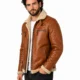 VELDRIC Hercules cognac tan shearling leather jacket angled front view VELDRIC Hercules cognac tan shearling leather jacket angled front view